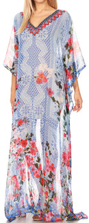 Sakkas Wilder  Printed Design Long Sheer Rhinestone Caftan Dress / Cover Up