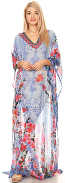 Sakkas Wilder  Printed Design Long Sheer Rhinestone Caftan Dress / Cover Up