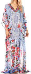 Sakkas Wilder  Printed Design Long Sheer Rhinestone Caftan Dress / Cover Up#color_17160-RedBlue