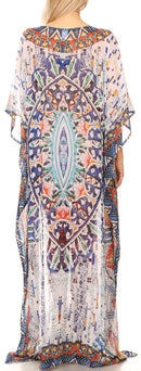 Sakkas Wilder  Printed Design Long Sheer Rhinestone Caftan Dress / Cover Up