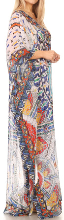 Sakkas Wilder  Printed Design Long Sheer Rhinestone Caftan Dress / Cover Up