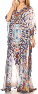 Sakkas Wilder  Printed Design Long Sheer Rhinestone Caftan Dress / Cover Up