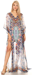 Sakkas Wilder  Printed Design Long Sheer Rhinestone Caftan Dress / Cover Up