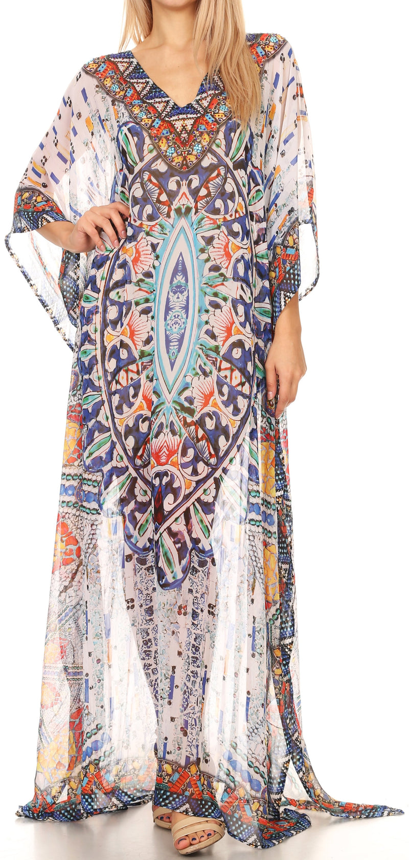 Sakkas Wilder  Printed Design Long Sheer Rhinestone Caftan Dress / Cover Up