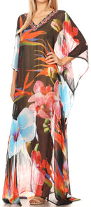 Sakkas Wilder  Printed Design Long Sheer Rhinestone Caftan Dress / Cover Up