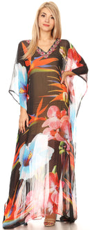 Sakkas Wilder  Printed Design Long Sheer Rhinestone Caftan Dress / Cover Up