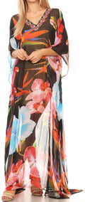 Sakkas Wilder  Printed Design Long Sheer Rhinestone Caftan Dress / Cover Up#color_17162-BlackMulti