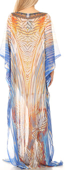 Sakkas Wilder  Printed Design Long Sheer Rhinestone Caftan Dress / Cover Up