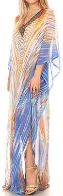 Sakkas Wilder  Printed Design Long Sheer Rhinestone Caftan Dress / Cover Up
