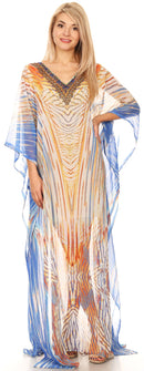 Sakkas Wilder  Printed Design Long Sheer Rhinestone Caftan Dress / Cover Up