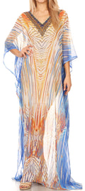 Sakkas Wilder  Printed Design Long Sheer Rhinestone Caftan Dress / Cover Up#color_17163-WhiteTurquoise