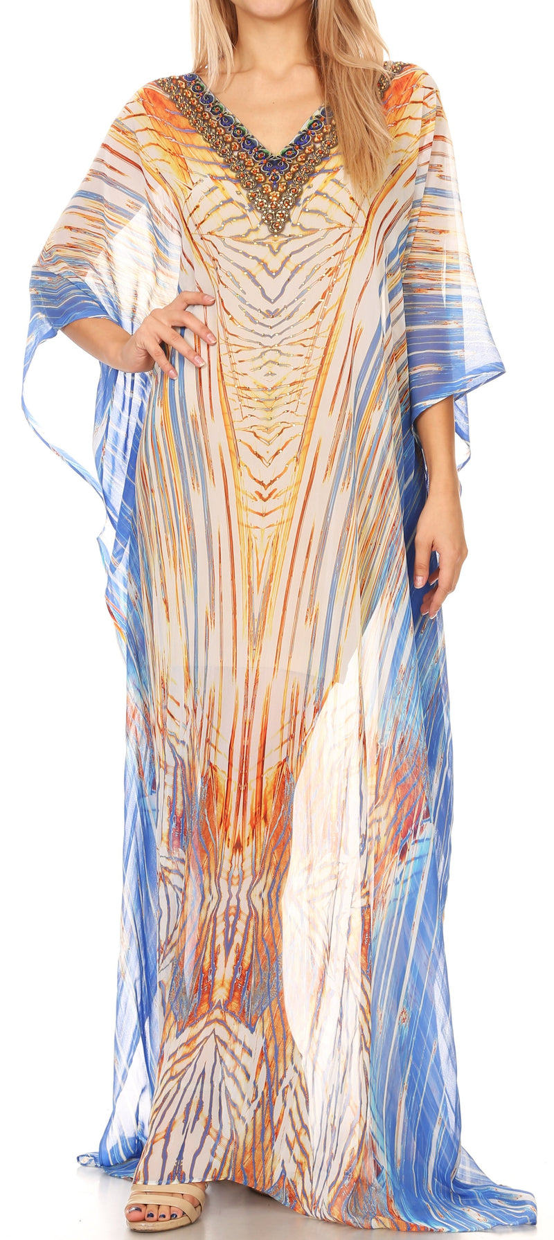 Sakkas Wilder  Printed Design Long Sheer Rhinestone Caftan Dress / Cover Up