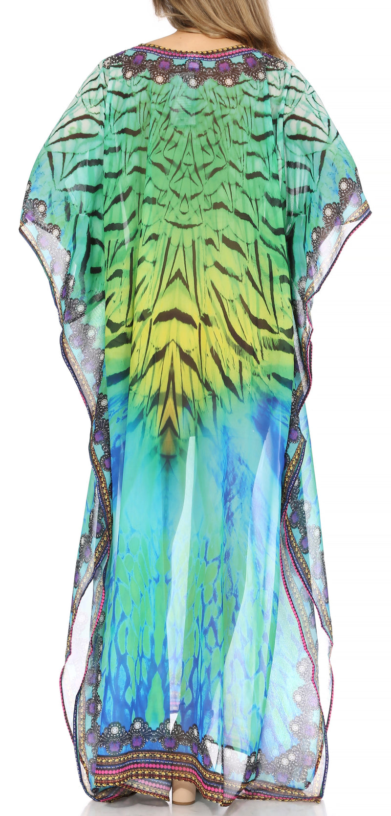 Sakkas Wilder  Printed Design Long Sheer Rhinestone Caftan Dress / Cover Up