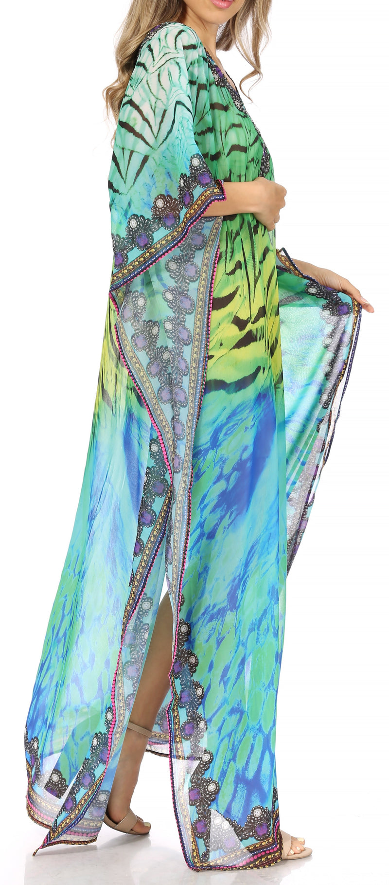 Sakkas Wilder  Printed Design Long Sheer Rhinestone Caftan Dress / Cover Up