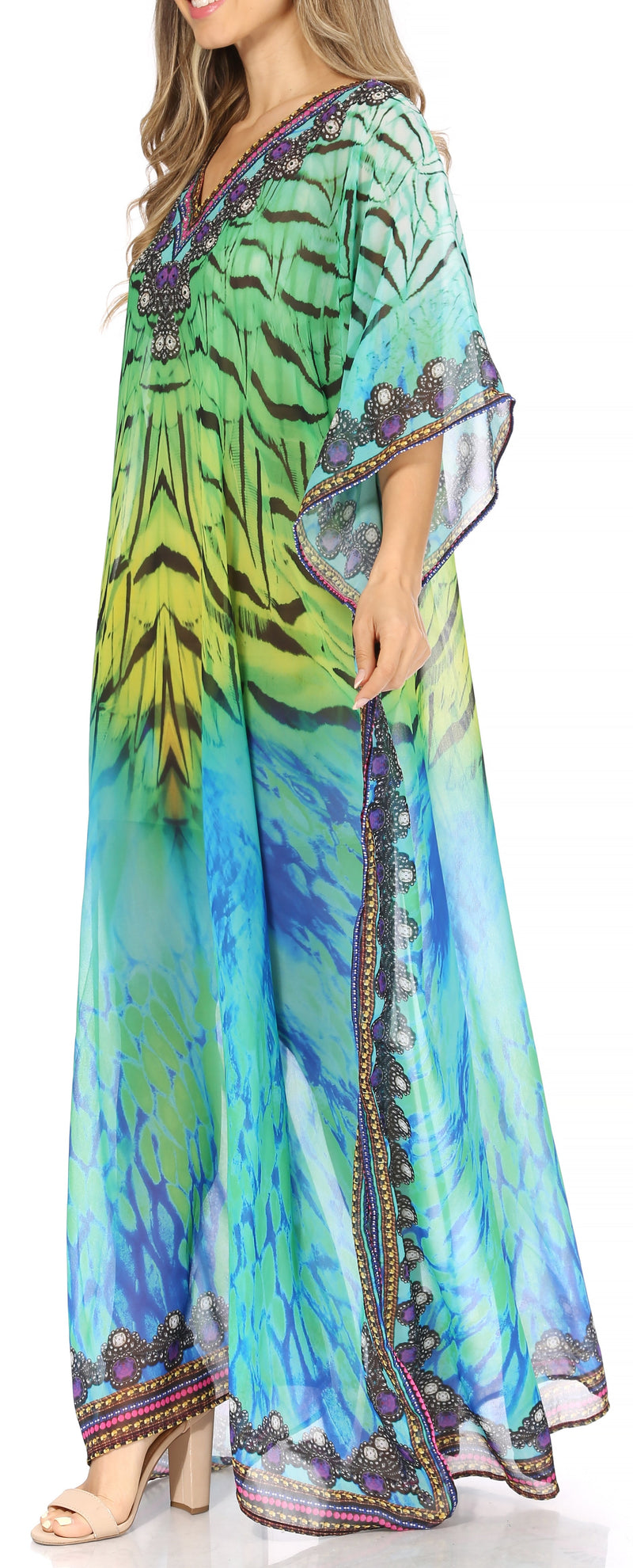 Sakkas Wilder  Printed Design Long Sheer Rhinestone Caftan Dress / Cover Up