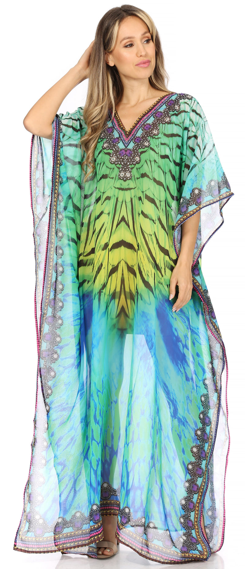 Sakkas Wilder  Printed Design Long Sheer Rhinestone Caftan Dress / Cover Up