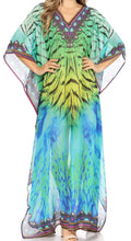Sakkas Wilder  Printed Design Long Sheer Rhinestone Caftan Dress / Cover Up#color_GreenYellow/Multi
