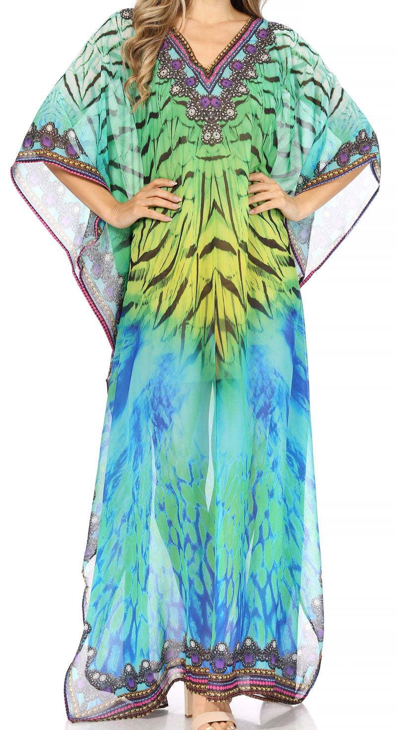 Sakkas Wilder  Printed Design Long Sheer Rhinestone Caftan Dress / Cover Up