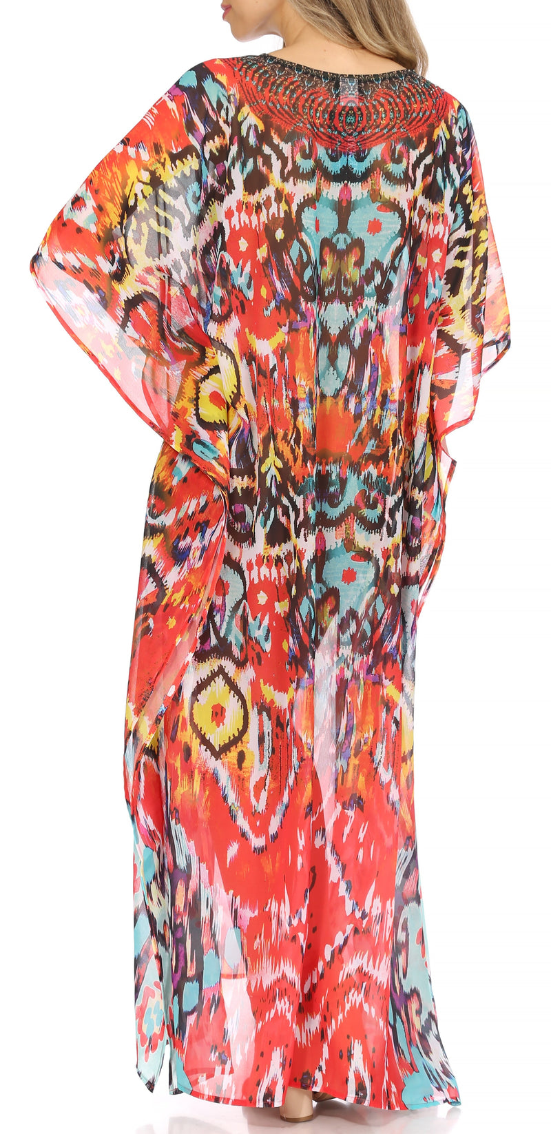 Sakkas Wilder  Printed Design Long Sheer Rhinestone Caftan Dress / Cover Up