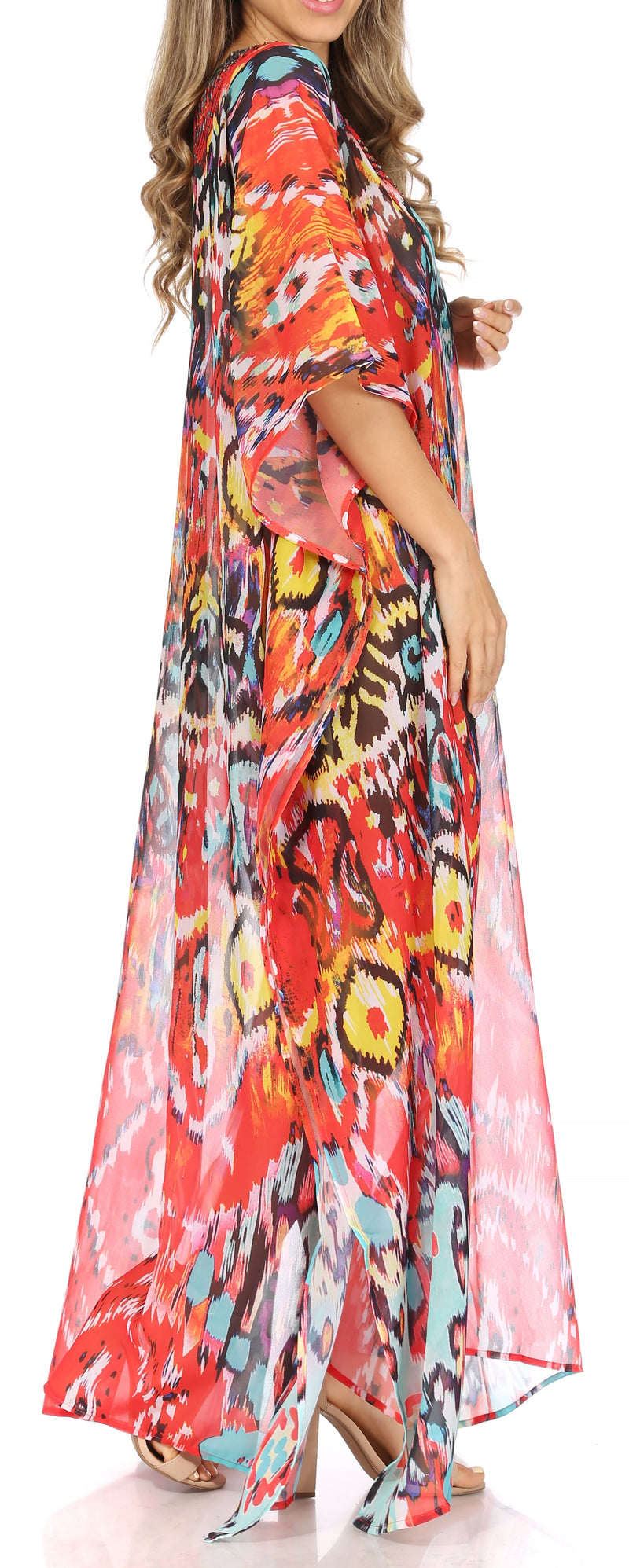 Sakkas Wilder  Printed Design Long Sheer Rhinestone Caftan Dress / Cover Up