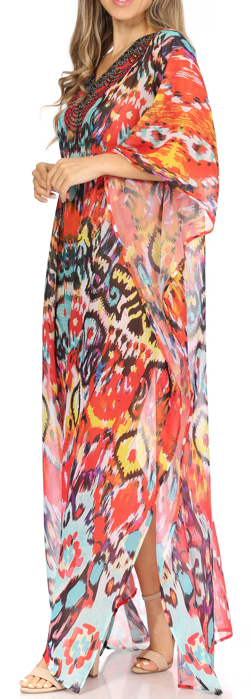 Sakkas Wilder  Printed Design Long Sheer Rhinestone Caftan Dress / Cover Up