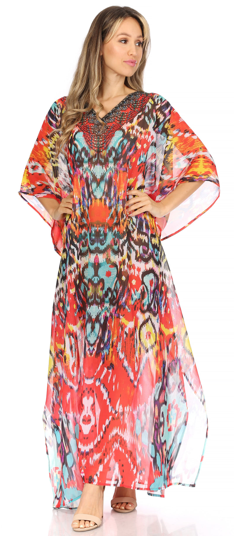 Sakkas Wilder  Printed Design Long Sheer Rhinestone Caftan Dress / Cover Up