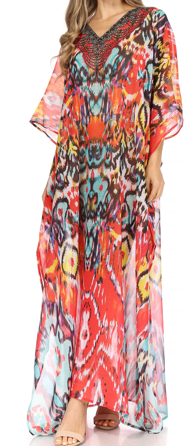 Sakkas Wilder  Printed Design Long Sheer Rhinestone Caftan Dress / Cover Up