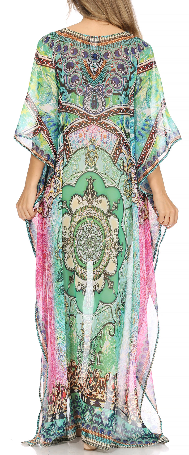 Sakkas Wilder  Printed Design Long Sheer Rhinestone Caftan Dress / Cover Up