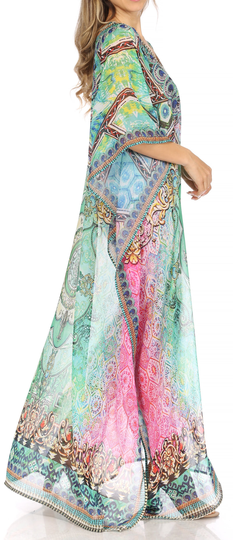 Sakkas Wilder  Printed Design Long Sheer Rhinestone Caftan Dress / Cover Up