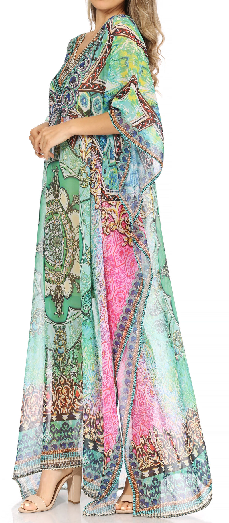 Sakkas Wilder  Printed Design Long Sheer Rhinestone Caftan Dress / Cover Up