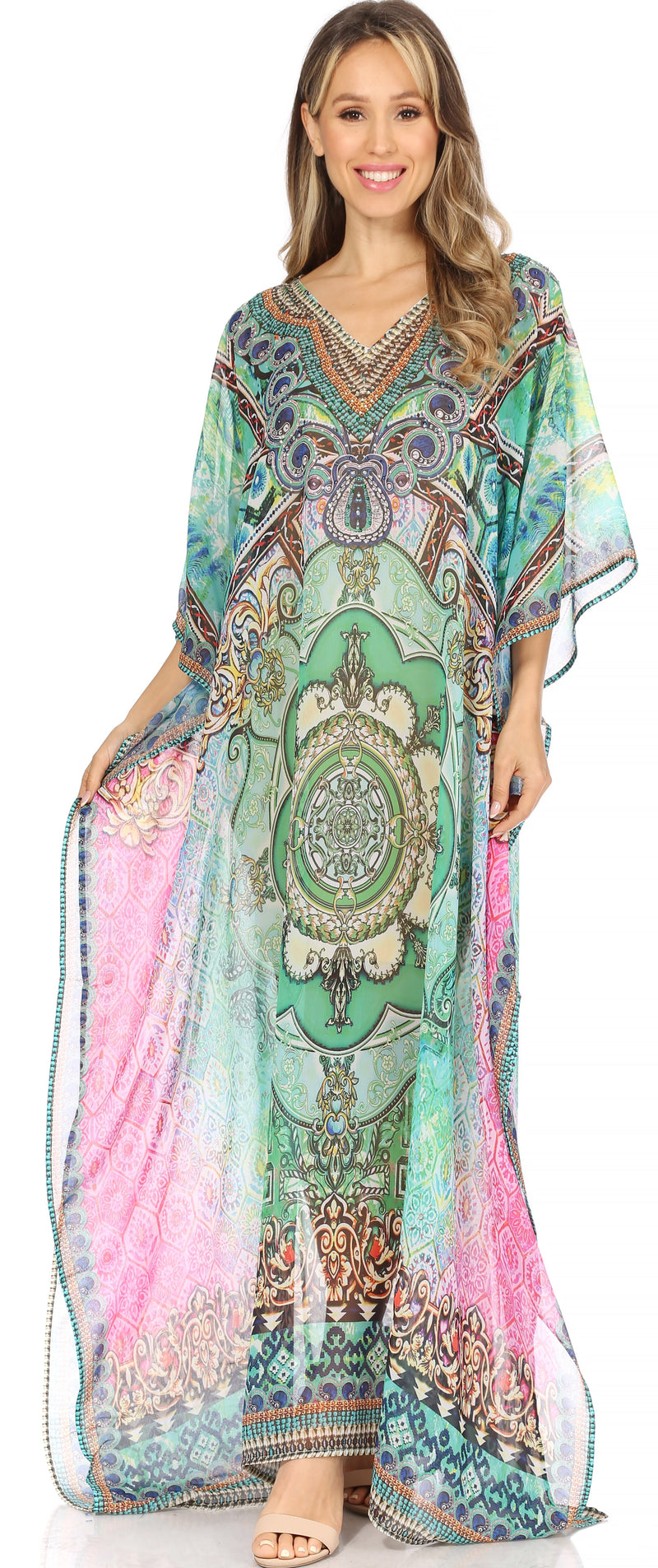 Sakkas Wilder  Printed Design Long Sheer Rhinestone Caftan Dress / Cover Up