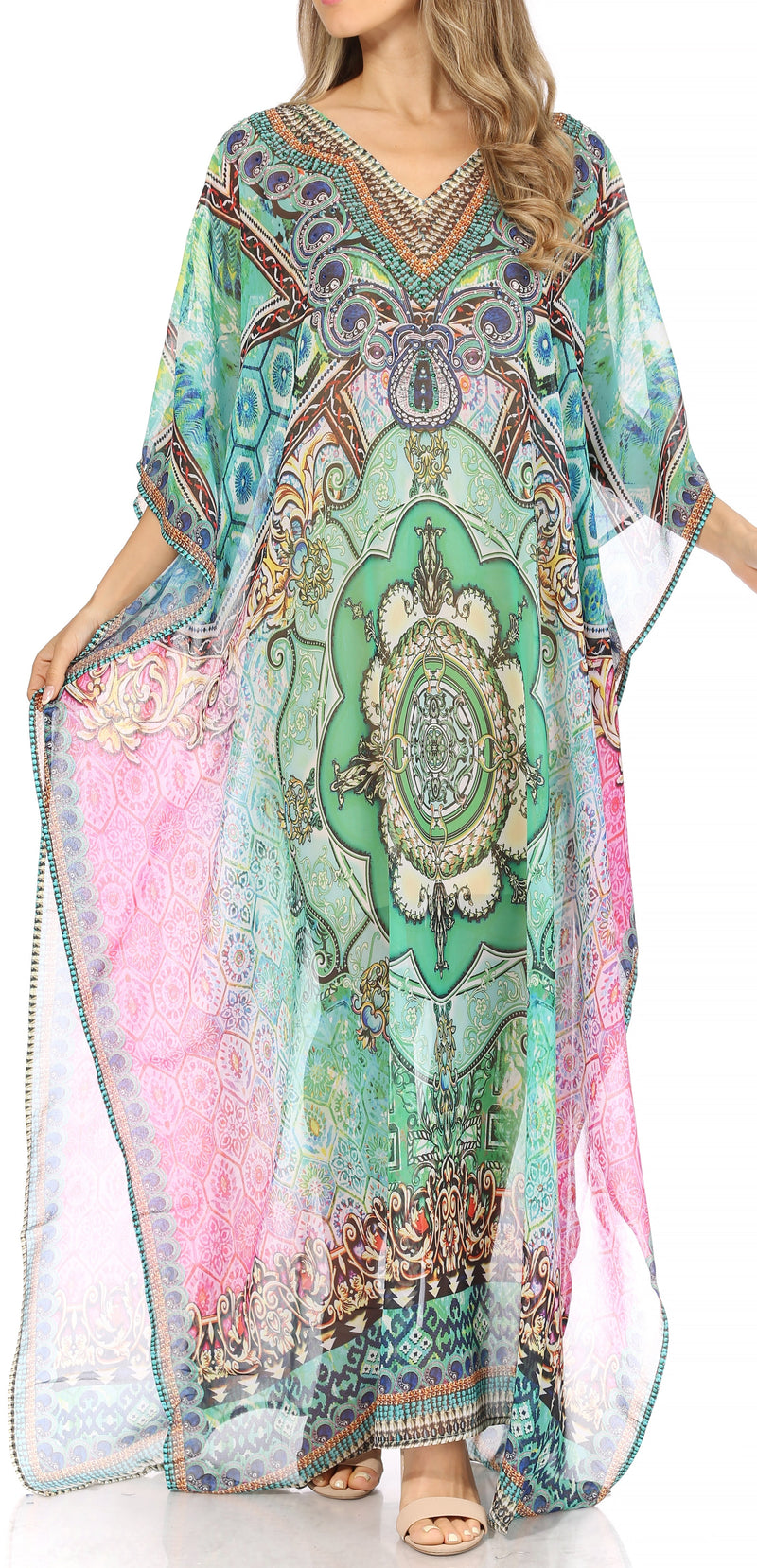 Sakkas Wilder  Printed Design Long Sheer Rhinestone Caftan Dress / Cover Up