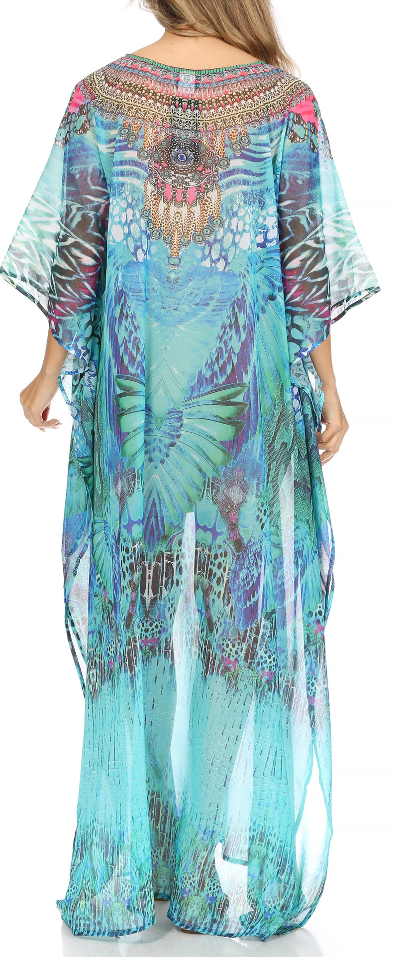 Sakkas Wilder  Printed Design Long Sheer Rhinestone Caftan Dress / Cover Up