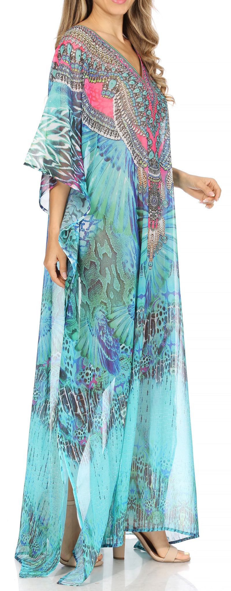 Sakkas Wilder  Printed Design Long Sheer Rhinestone Caftan Dress / Cover Up