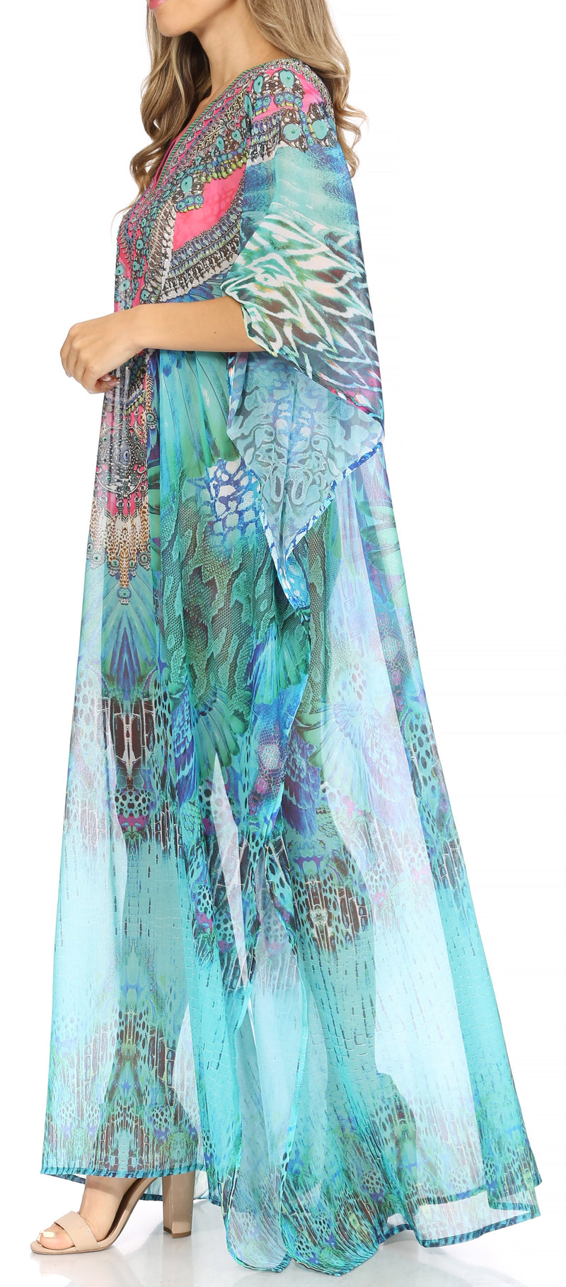 Sakkas Wilder  Printed Design Long Sheer Rhinestone Caftan Dress / Cover Up