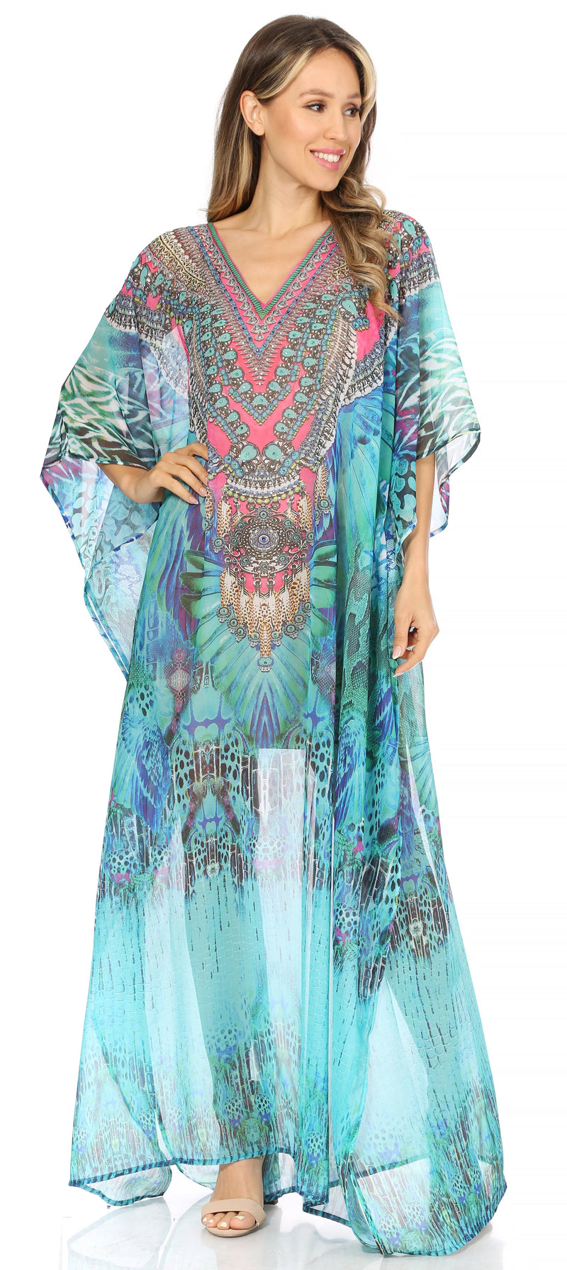 Sakkas Wilder  Printed Design Long Sheer Rhinestone Caftan Dress / Cover Up