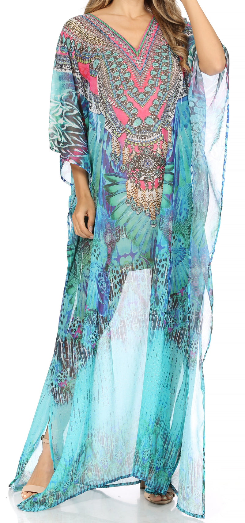 Sakkas Wilder  Printed Design Long Sheer Rhinestone Caftan Dress / Cover Up