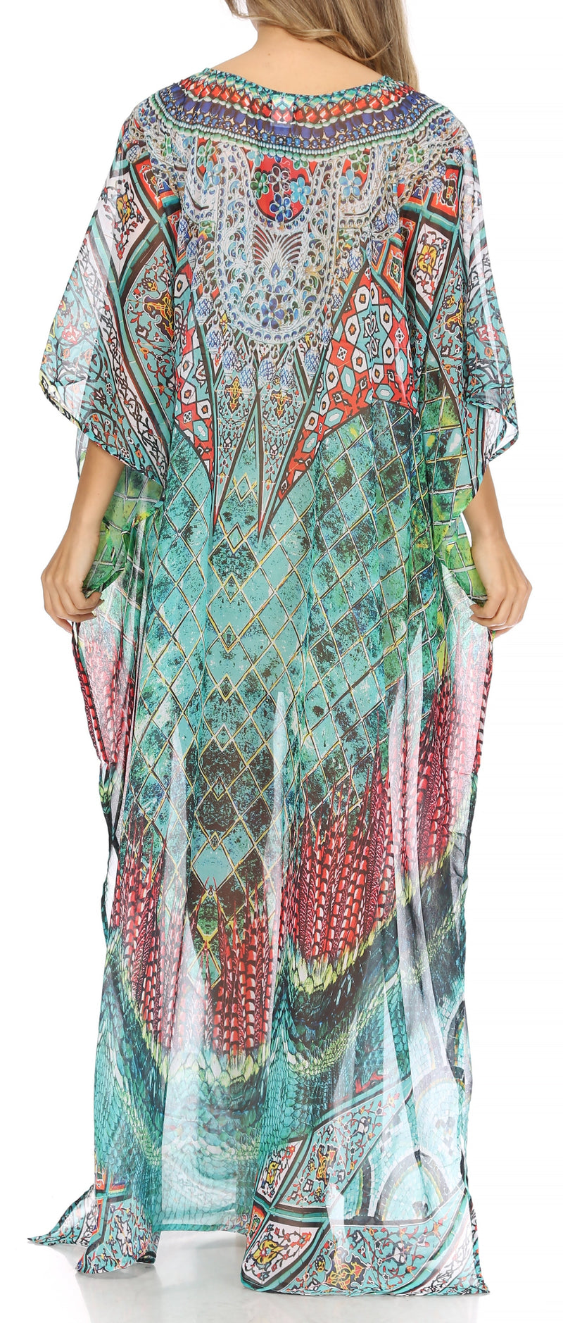 Sakkas Wilder  Printed Design Long Sheer Rhinestone Caftan Dress / Cover Up