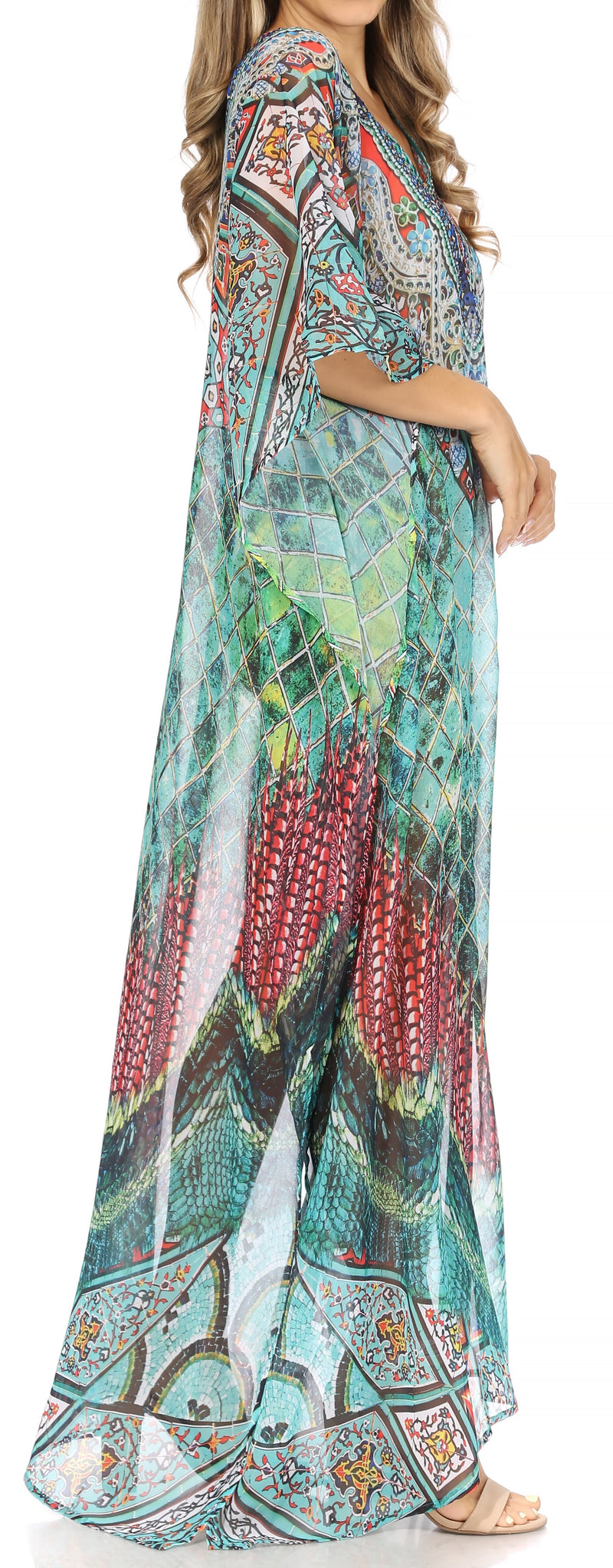 Sakkas Wilder  Printed Design Long Sheer Rhinestone Caftan Dress / Cover Up