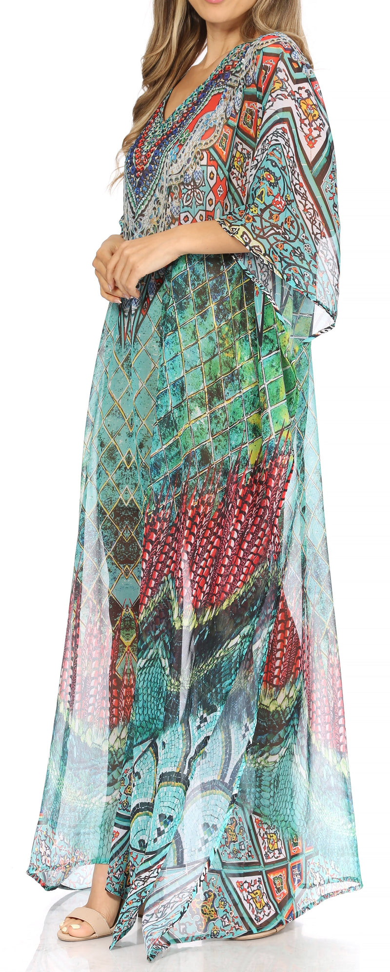 Sakkas Wilder  Printed Design Long Sheer Rhinestone Caftan Dress / Cover Up