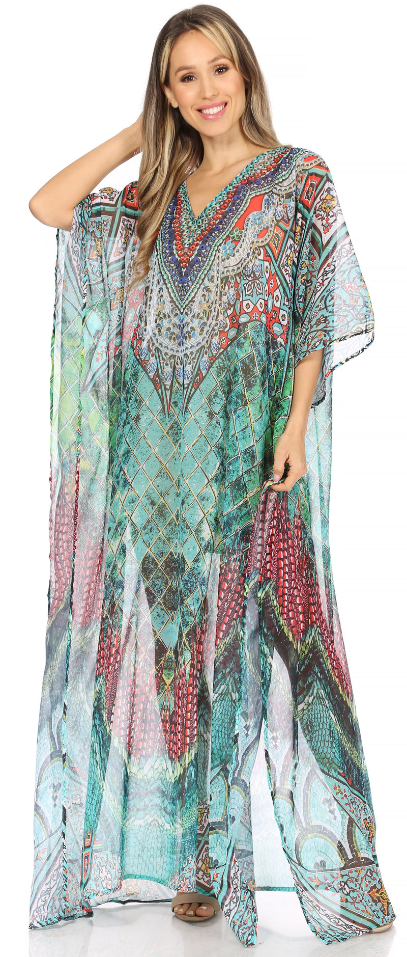 Sakkas Wilder  Printed Design Long Sheer Rhinestone Caftan Dress / Cover Up