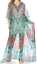 Sakkas Wilder  Printed Design Long Sheer Rhinestone Caftan Dress / Cover Up