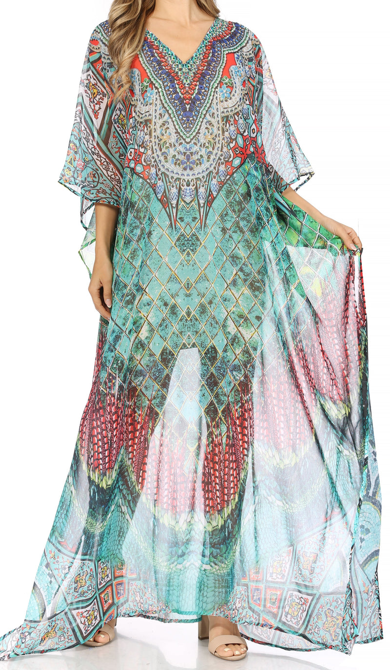 Sakkas Wilder  Printed Design Long Sheer Rhinestone Caftan Dress / Cover Up