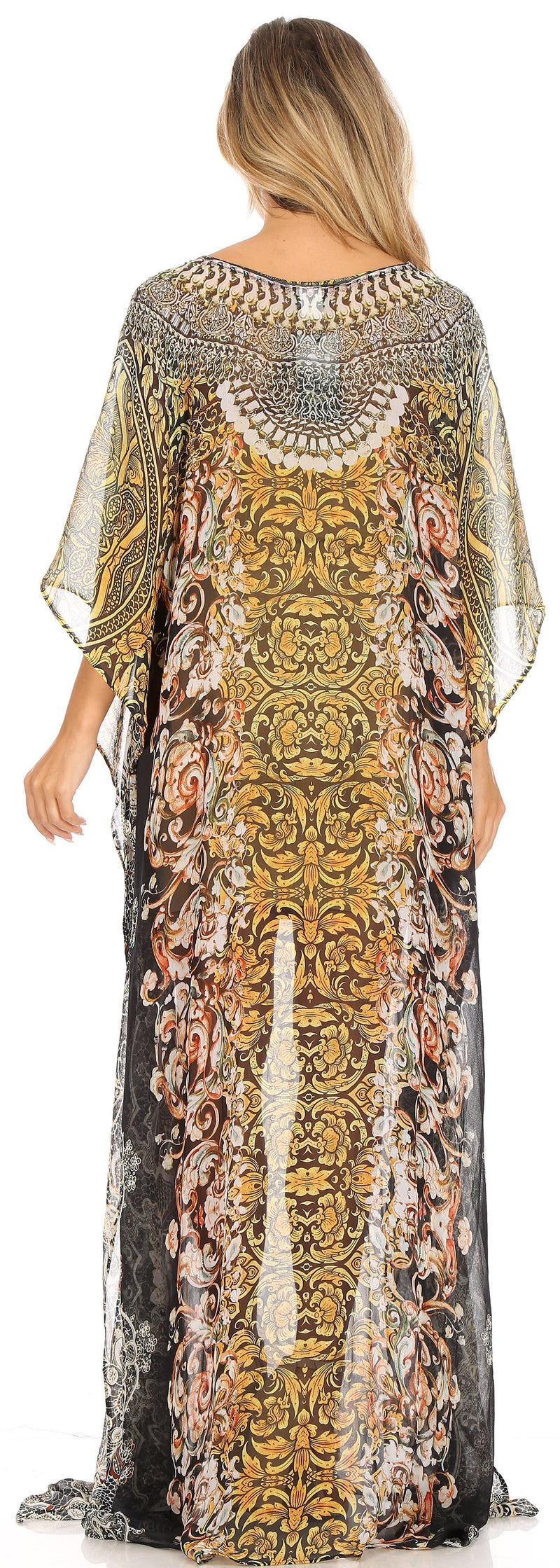 Sakkas Wilder  Printed Design Long Sheer Rhinestone Caftan Dress / Cover Up