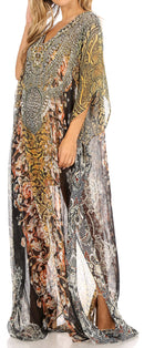 Sakkas Wilder  Printed Design Long Sheer Rhinestone Caftan Dress / Cover Up