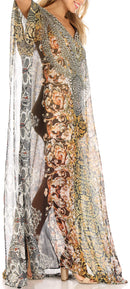 Sakkas Wilder  Printed Design Long Sheer Rhinestone Caftan Dress / Cover Up