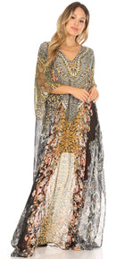 Sakkas Wilder  Printed Design Long Sheer Rhinestone Caftan Dress / Cover Up