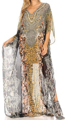 Sakkas Wilder  Printed Design Long Sheer Rhinestone Caftan Dress / Cover Up