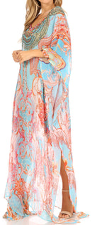 Sakkas Wilder  Printed Design Long Sheer Rhinestone Caftan Dress / Cover Up