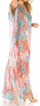 Sakkas Wilder  Printed Design Long Sheer Rhinestone Caftan Dress / Cover Up